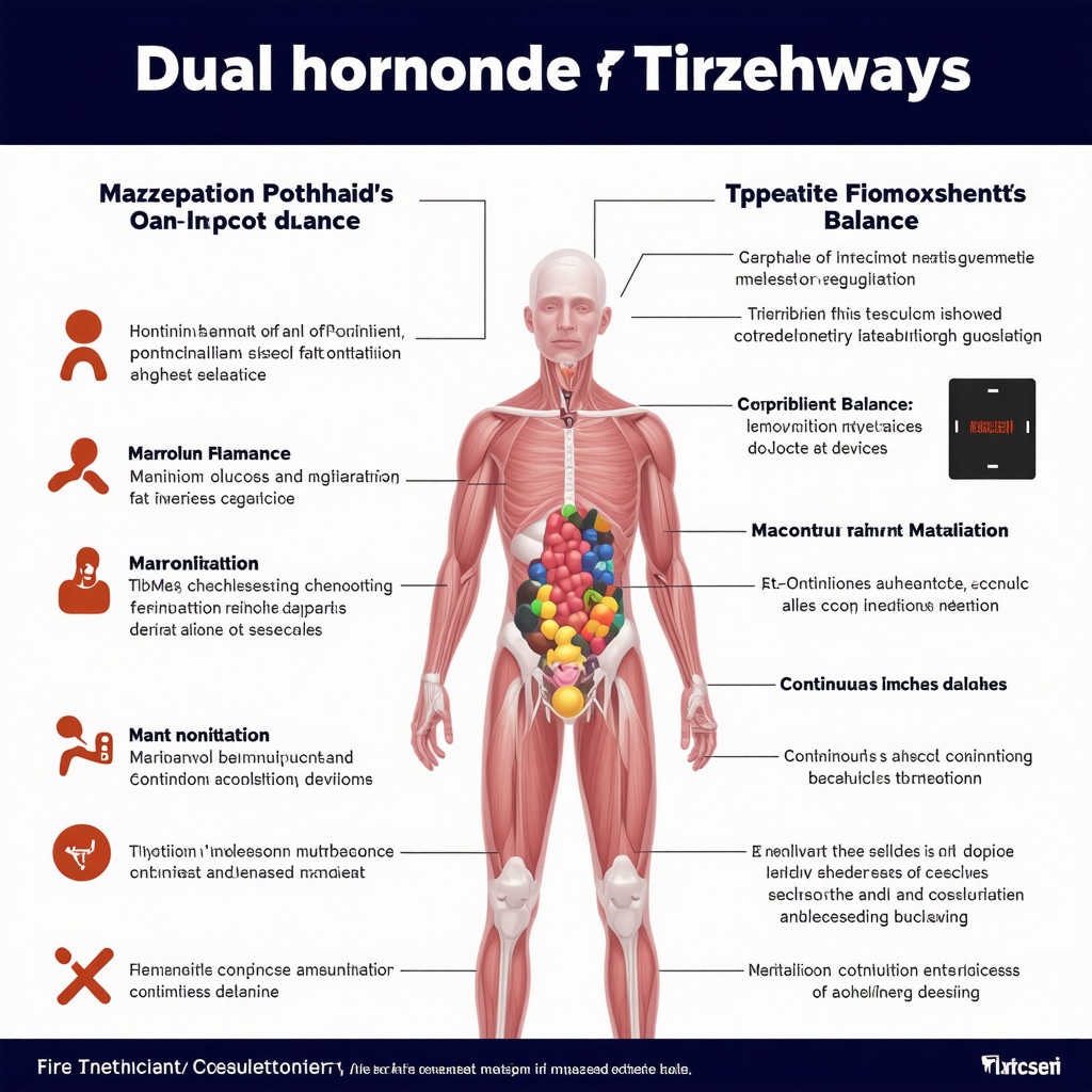 Infographic showing Tirzepatide hormonal pathways, nutrition strategies, and continuous glucose monitoring in weight loss