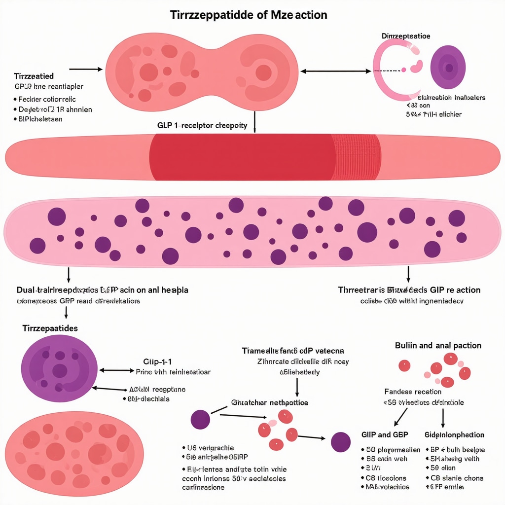 Medical infographic showing Tirzepatide's dual GLP-1 and GIP receptor activation and biomarker-based dose optimization