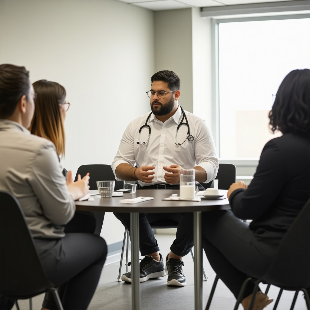 Healthcare professionals and patients in New Jersey collaborating on tirzepatide weight loss treatment, emphasizing behavioral health and community support