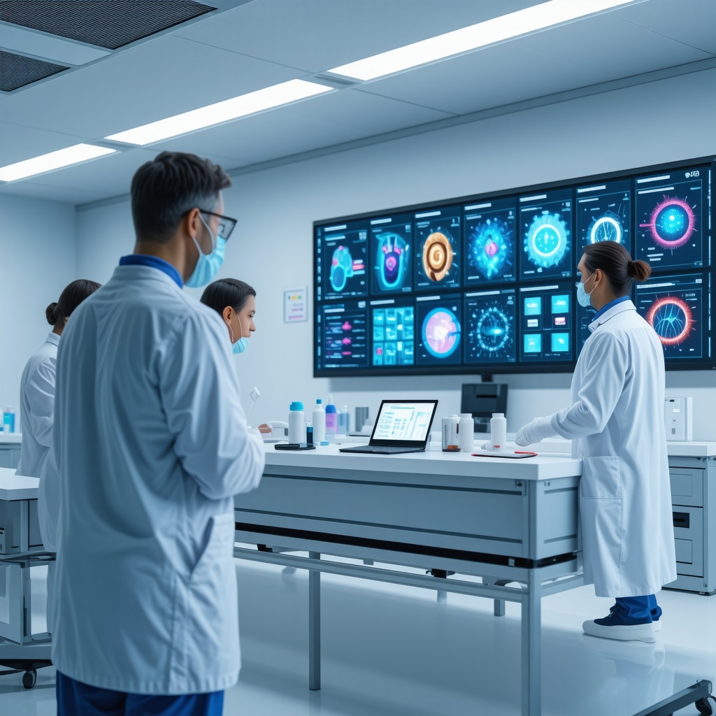 Medical professionals reviewing genetic and metabolic data on screens with tirzepatide medication in a modern clinic