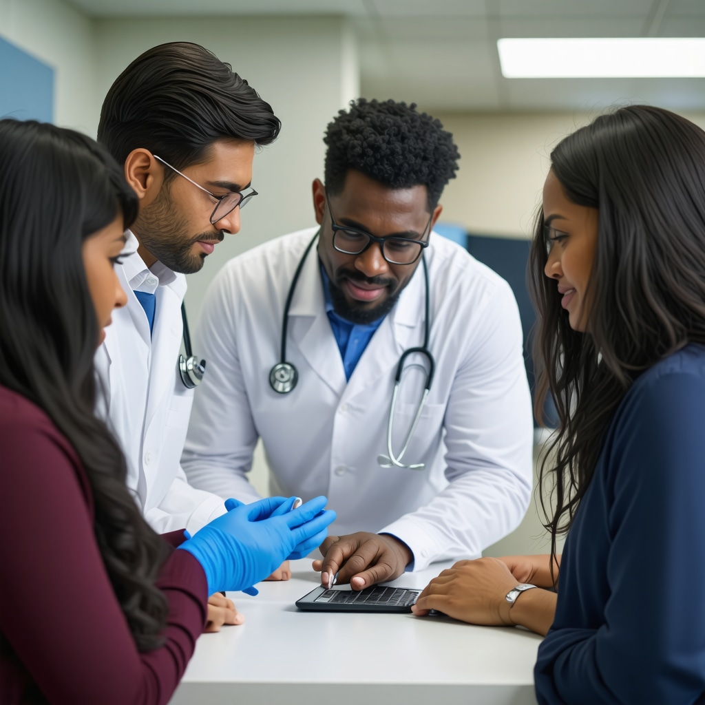 Medical professionals analyzing pharmacogenomic data and digital health metrics to personalize tirzepatide treatment for patients