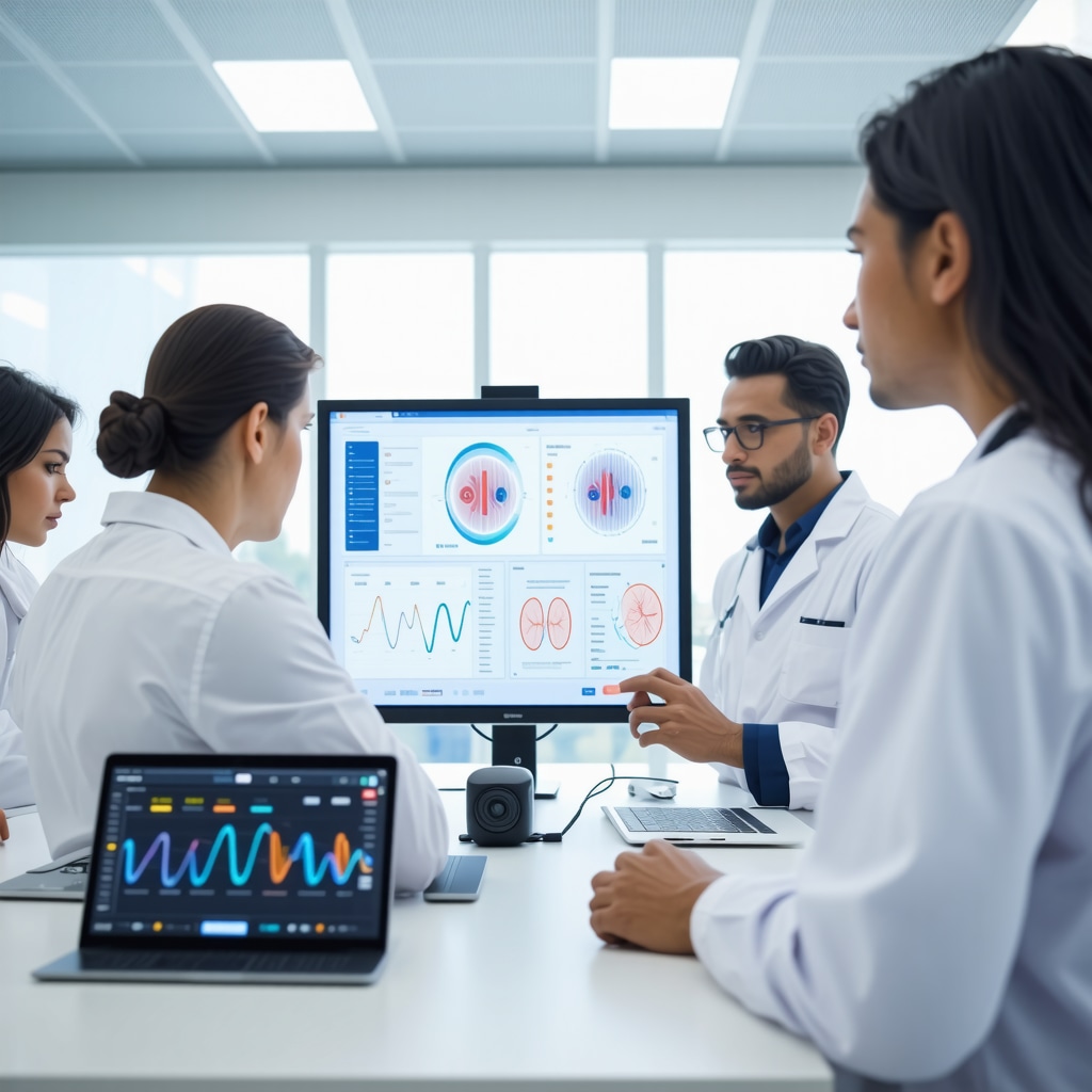 Clinicians reviewing genetic data and wearable device metrics to customize tirzepatide treatment