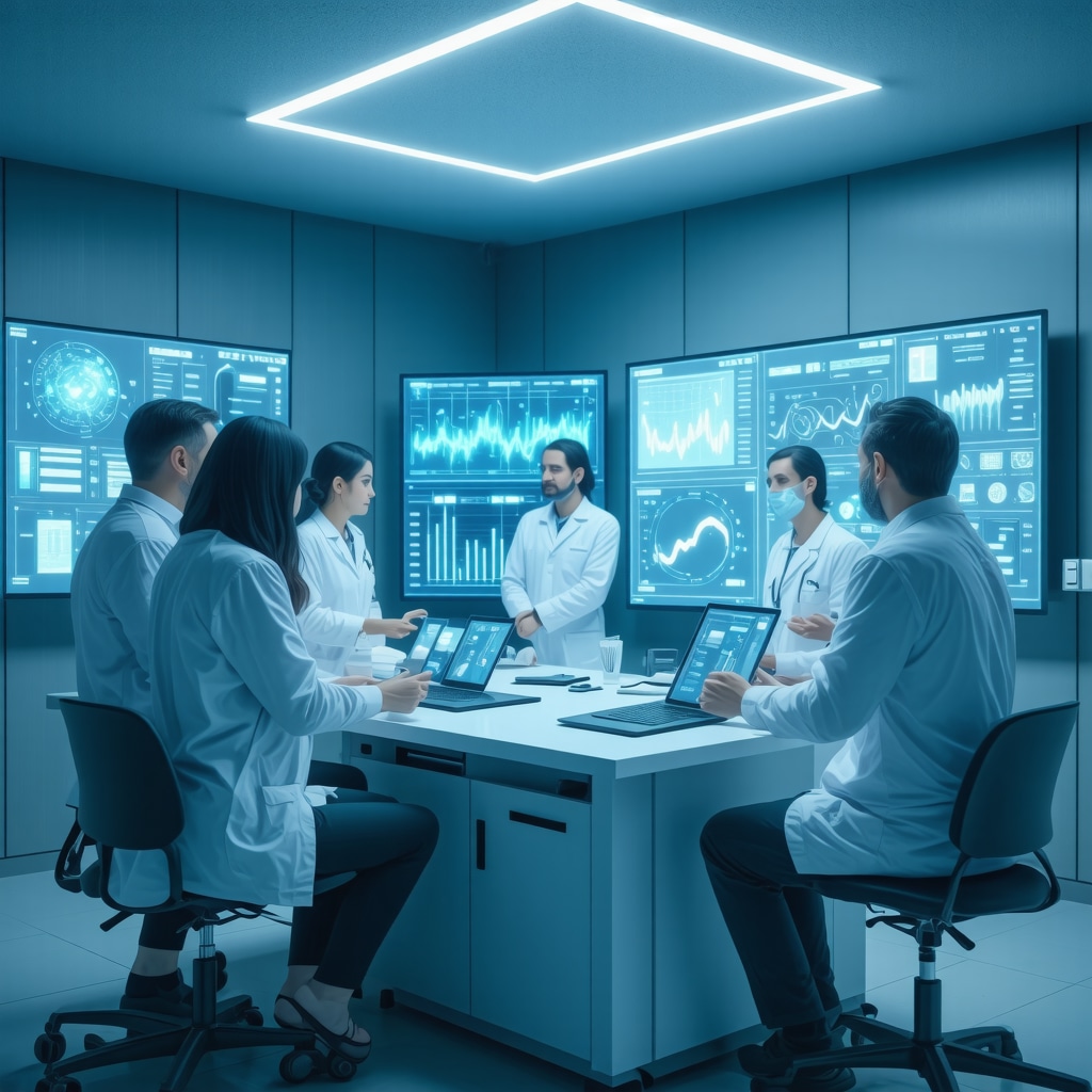 Clinicians collaborating with AI-driven genomic data for personalized obesity treatment with tirzepatide