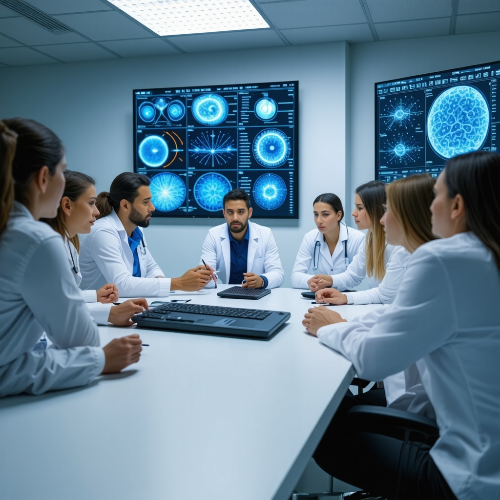 Medical professionals reviewing AI and genomic data for personalized obesity treatment