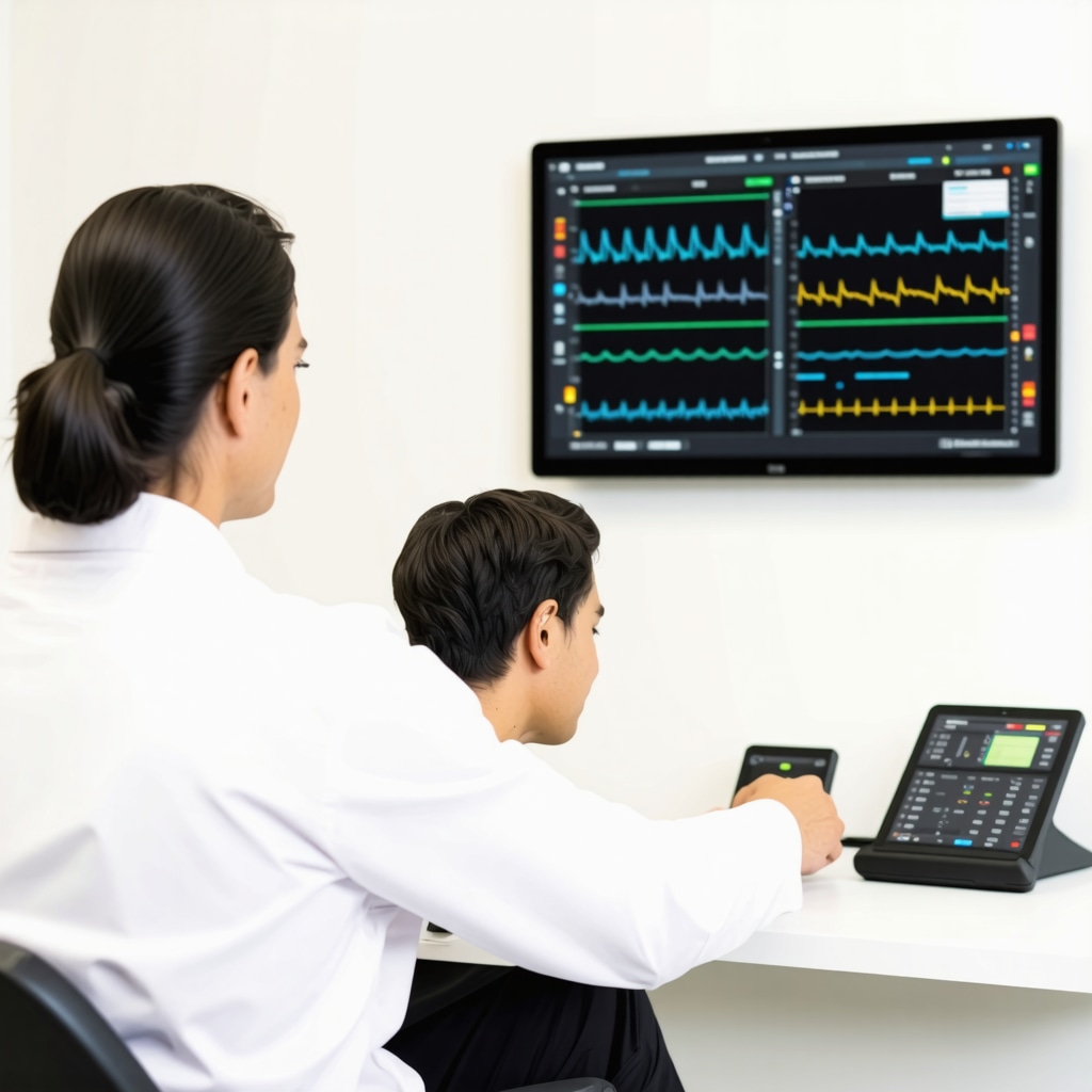 Physician and patient consulting in a New Jersey clinic with digital health monitoring and metabolic data displays