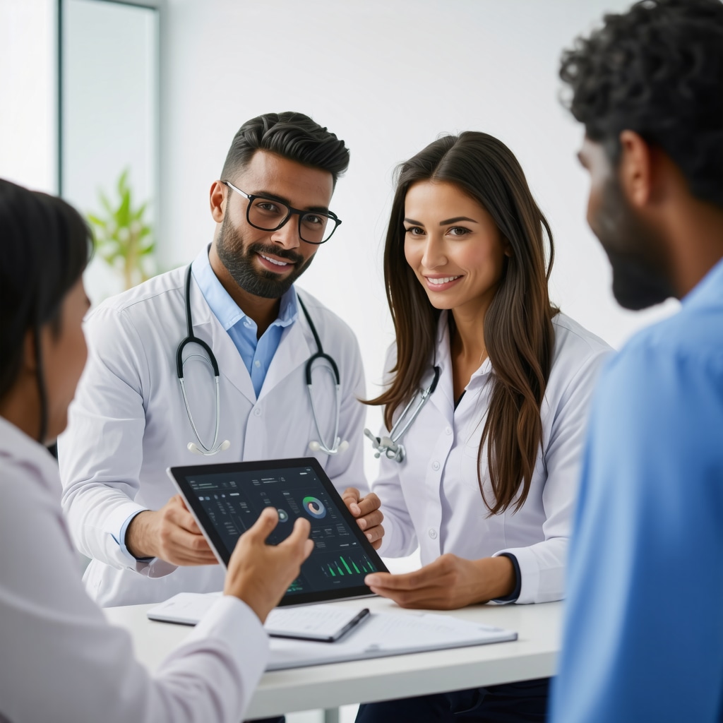 Medical professionals in New Jersey collaboratively reviewing tirzepatide patient data on a tablet for precision dosing and management.