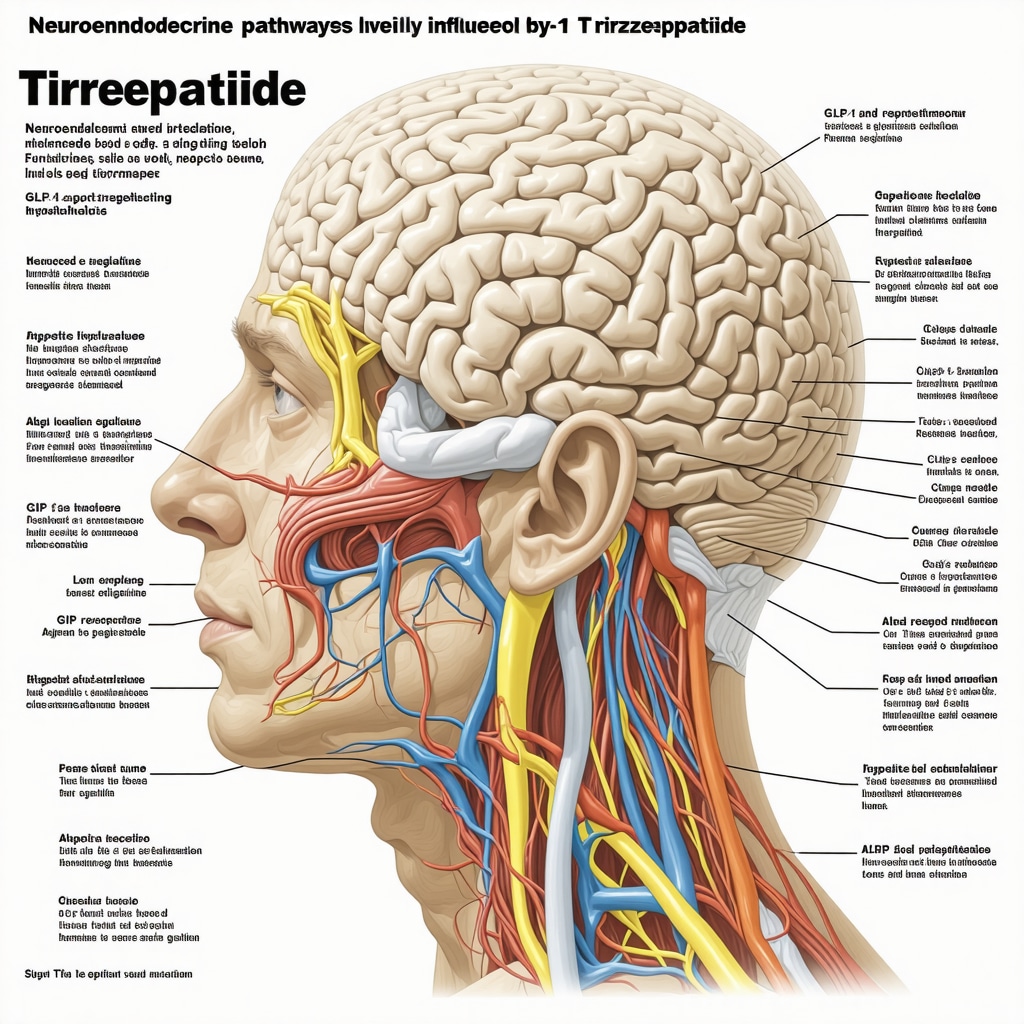 Medical illustration of neuroendocrine pathways affected by Tirzepatide in human body