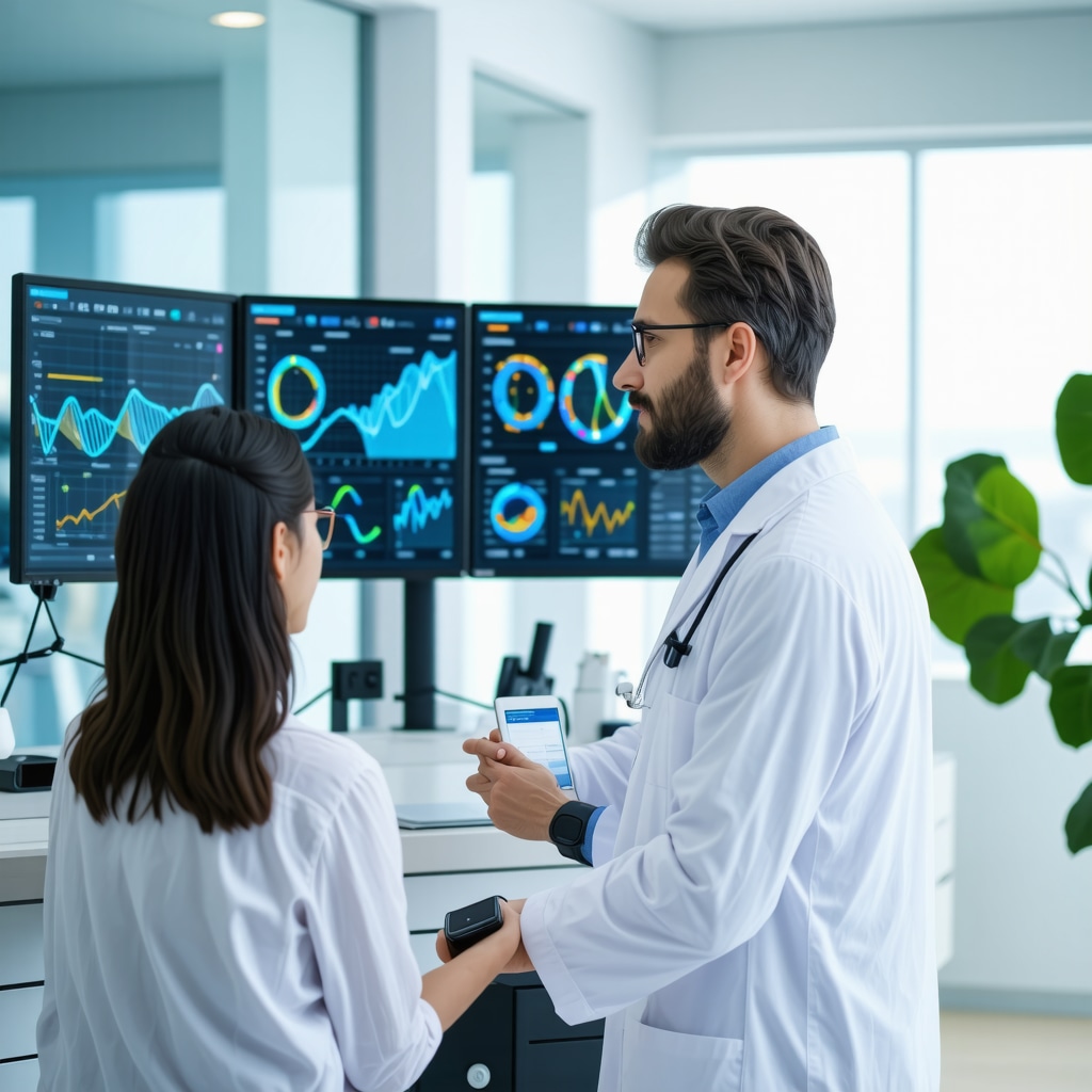 Doctor analyzing genetic and metabolic data with patient wearing wearable health devices for personalized Mounjaro therapy
