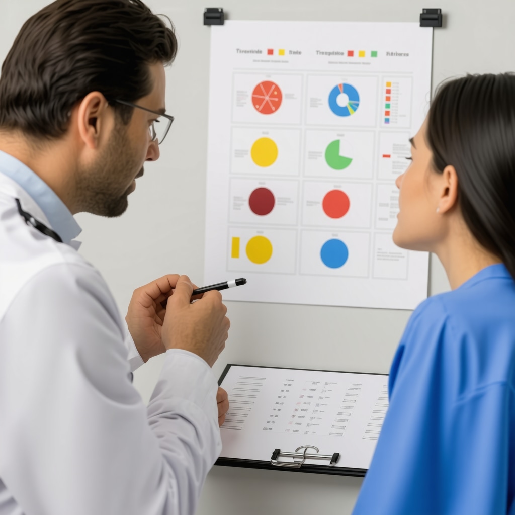 Doctor and patient reviewing Tirzepatide dosing and metabolic health charts in a clinical office