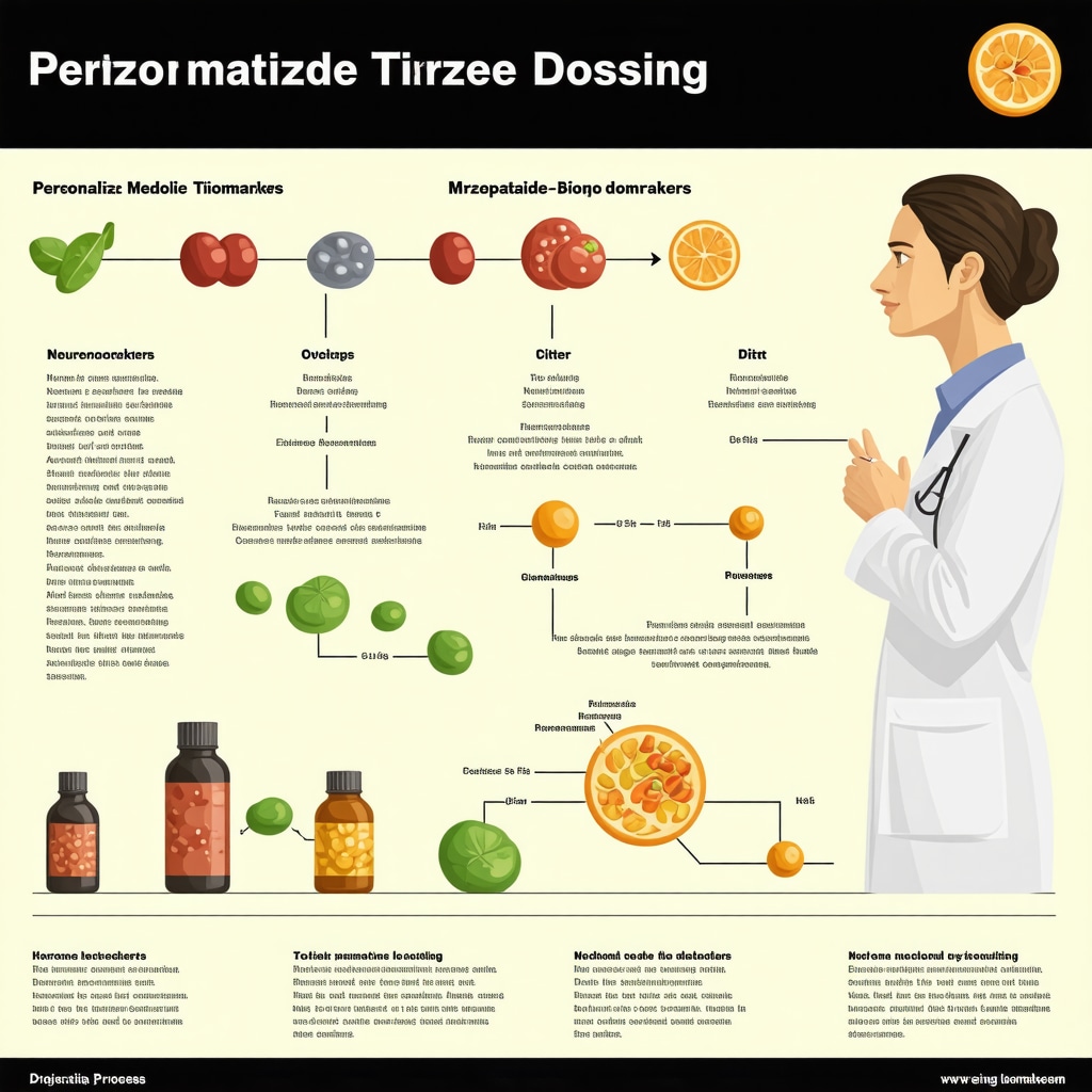 Infographic showing personalized Tirzepatide dosing guided by metabolic biomarkers, dietary synergy, and neuroendocrine modulation in obesity treatment