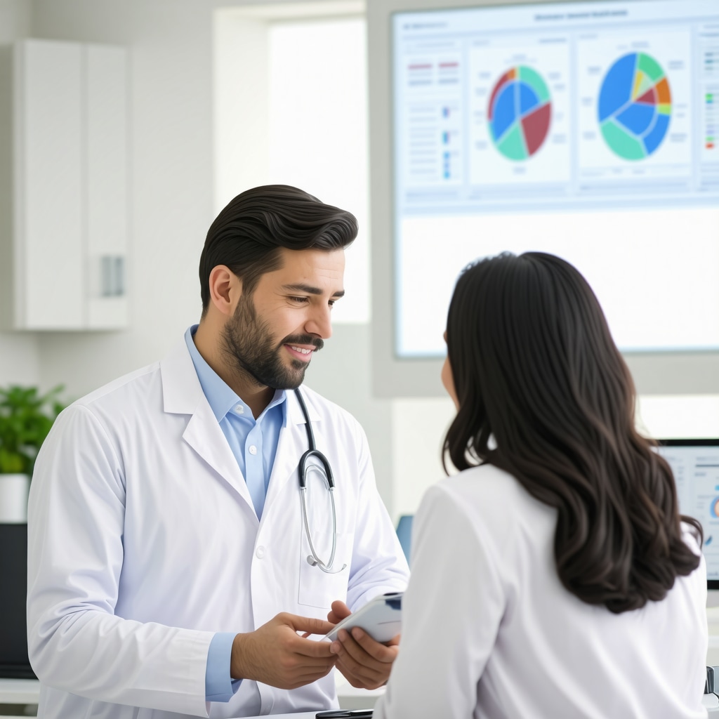 Doctor and patient reviewing tirzepatide treatment plan with digital health and genetic data on screen