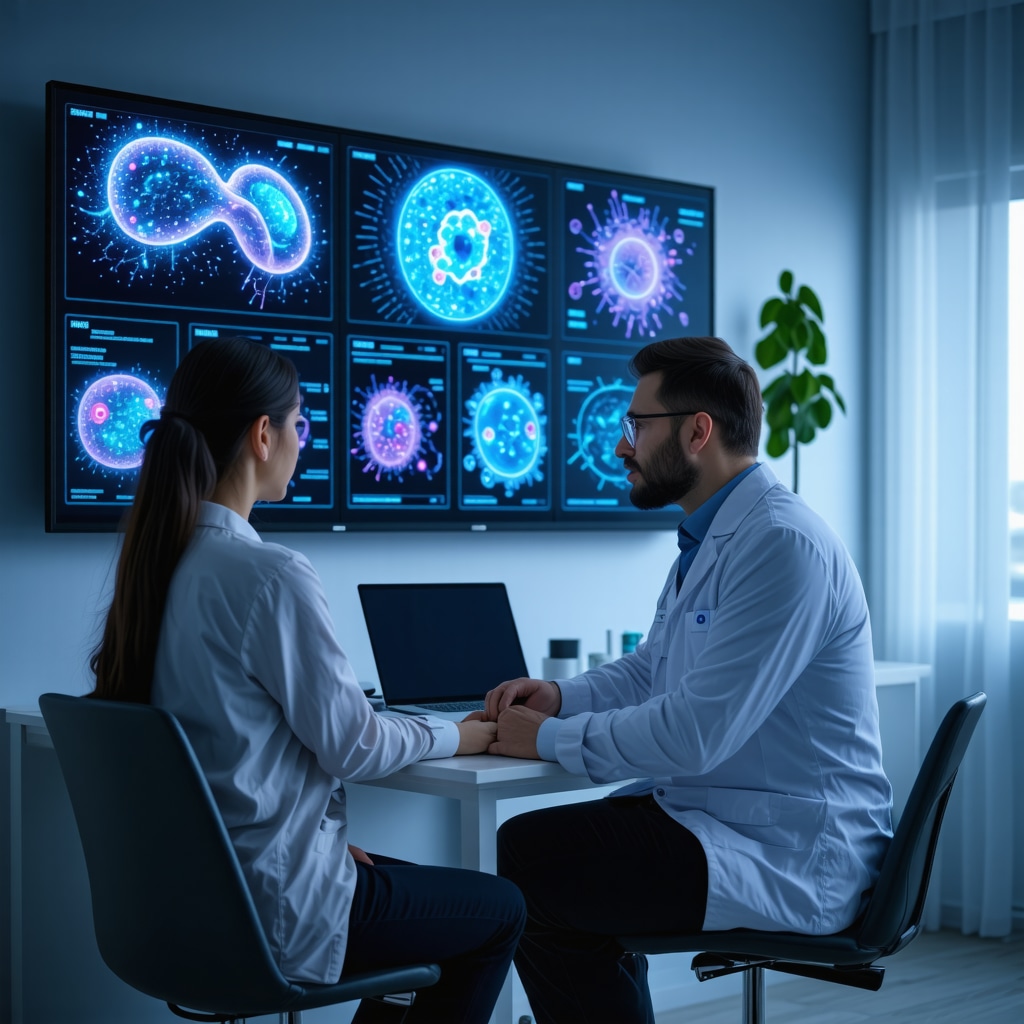 Physician consulting patient with digital displays of genetic markers and gut microbiome analysis for personalized Tirzepatide therapy