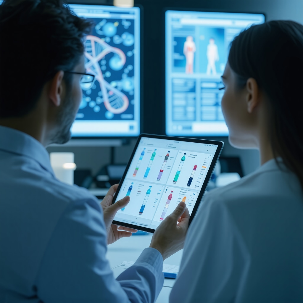 Healthcare professional reviewing genetic and digital health data with patient for personalized Tirzepatide weight loss treatment