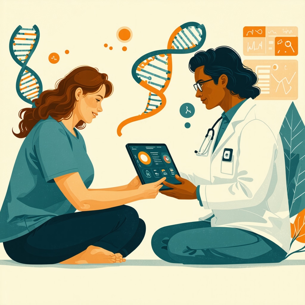 Graphic showing DNA, patient consultation, and digital health monitoring for customized Tirzepatide weight loss treatment
