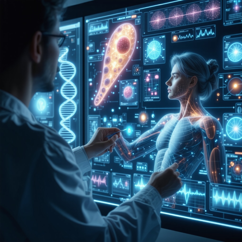 Clinician analyzing genetic data and digital health metrics to optimize tirzepatide treatment in a modern obesity clinic