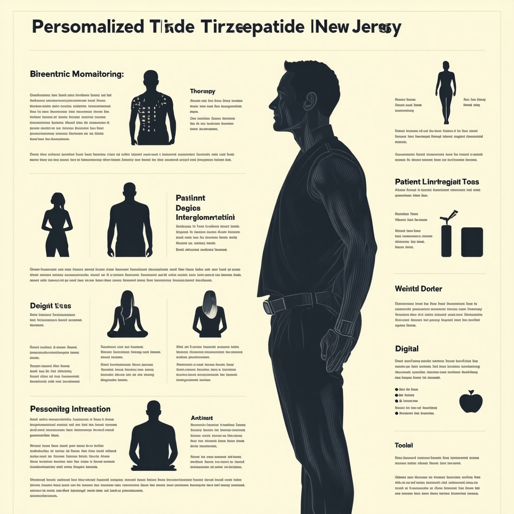 Infographic showing personalized tirzepatide dosing, biometric monitoring, and digital health tools in New Jersey weight loss therapy