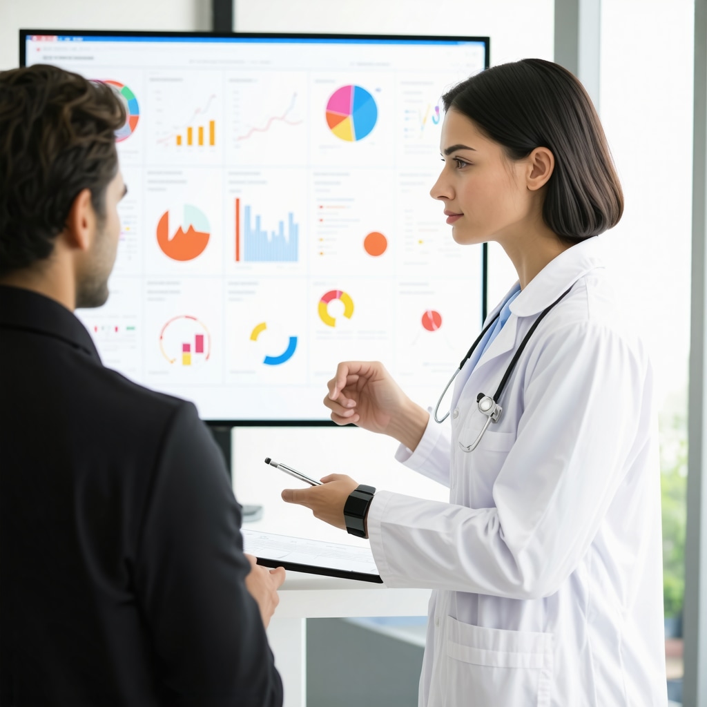 Doctor discussing personalized Mounjaro tirzepatide treatment plan with patient in New Jersey clinic using wearable health data.