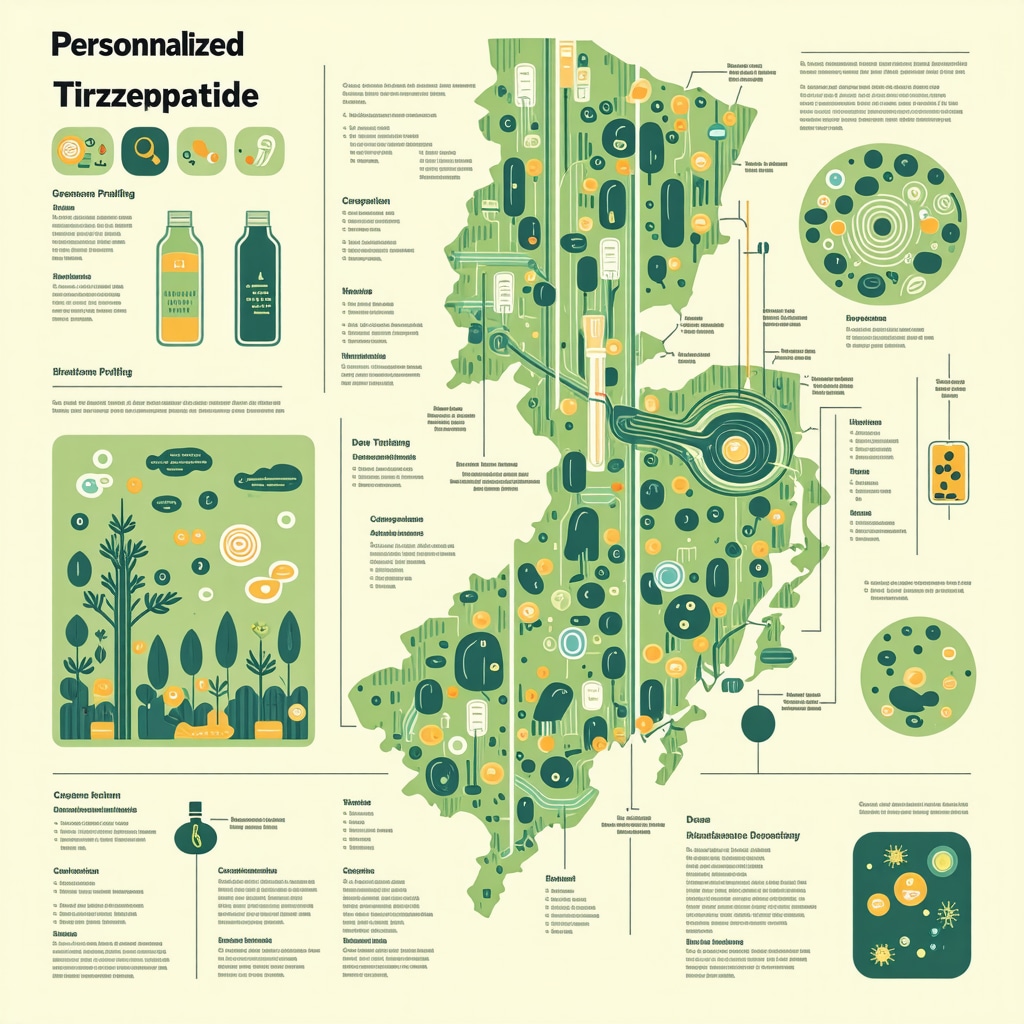 Infographic showing personalized Tirzepatide therapy steps with genetic and microbiome profiling, dose titration, lifestyle changes, and cardiometabolic benefits