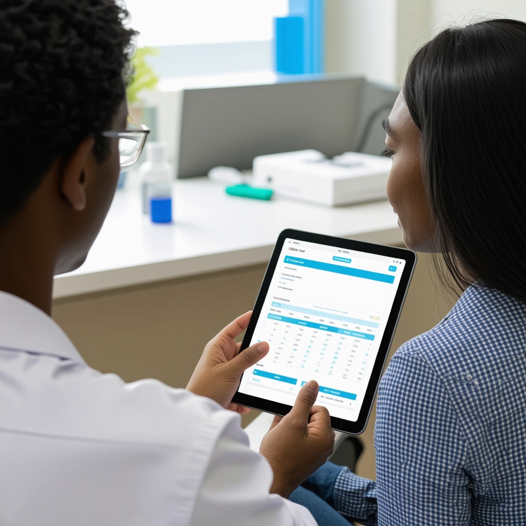 Healthcare professional consulting New Jersey patient with digital tablet showing Tirzepatide dosing and health data