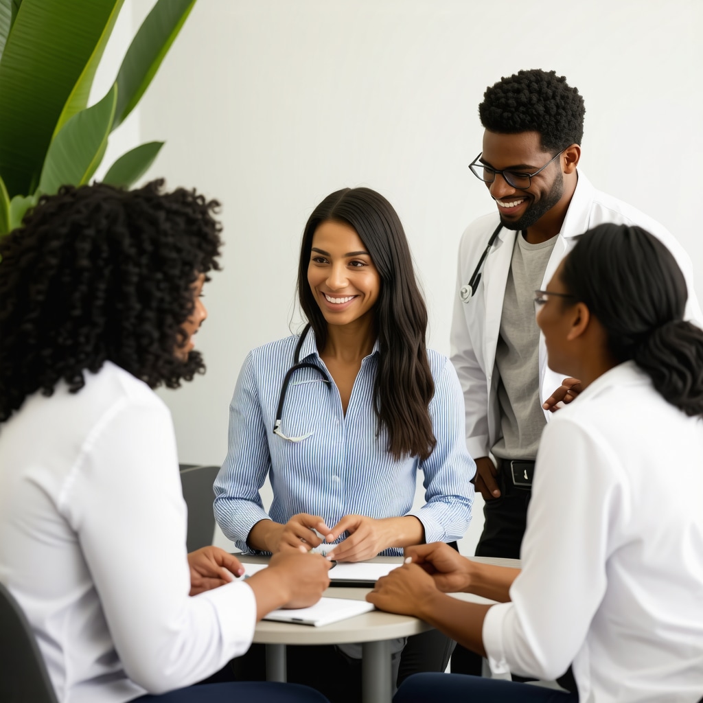 Medical professionals consulting patient on Tirzepatide therapy with digital health monitors in clinic