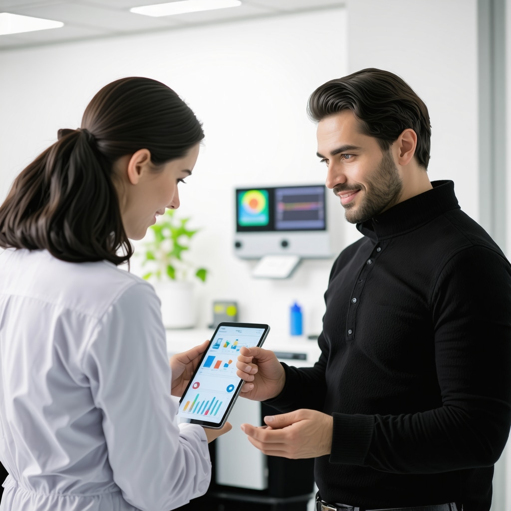 Healthcare professional and patient reviewing digital health data for tirzepatide weight loss treatment
