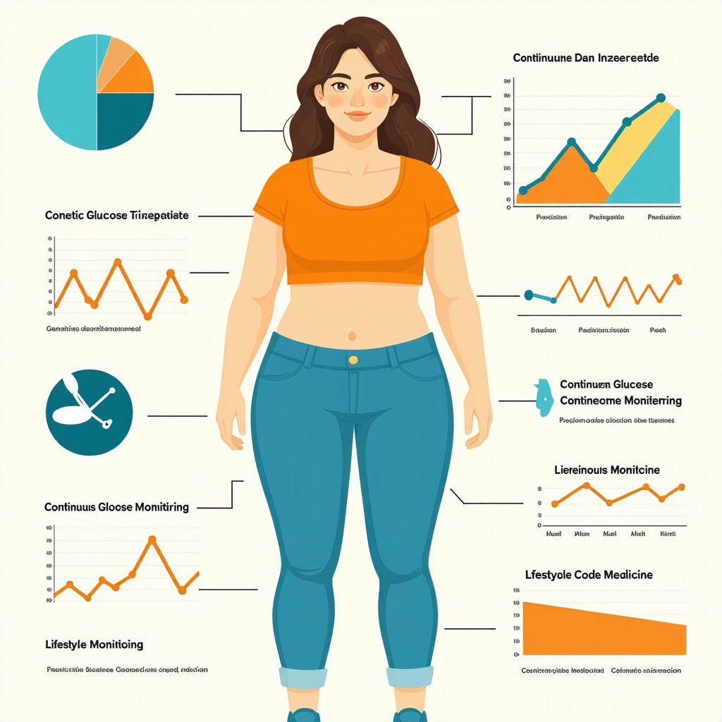 Graphic depicting personalized Tirzepatide weight loss plan with genetic testing, CGM data, and lifestyle coaching icons