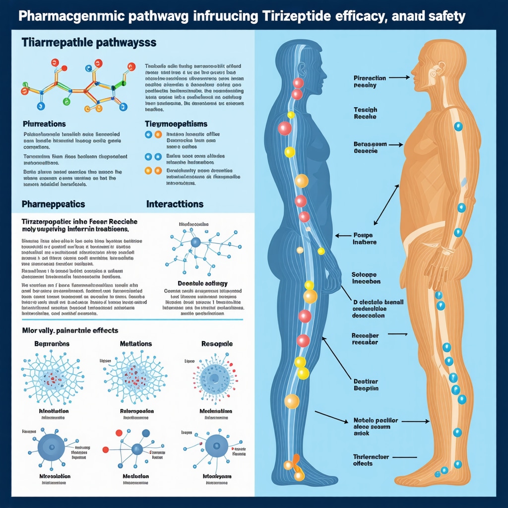 Infographic showing gene polymorphisms and metabolic pathways relevant to Tirzepatide treatment in obesity