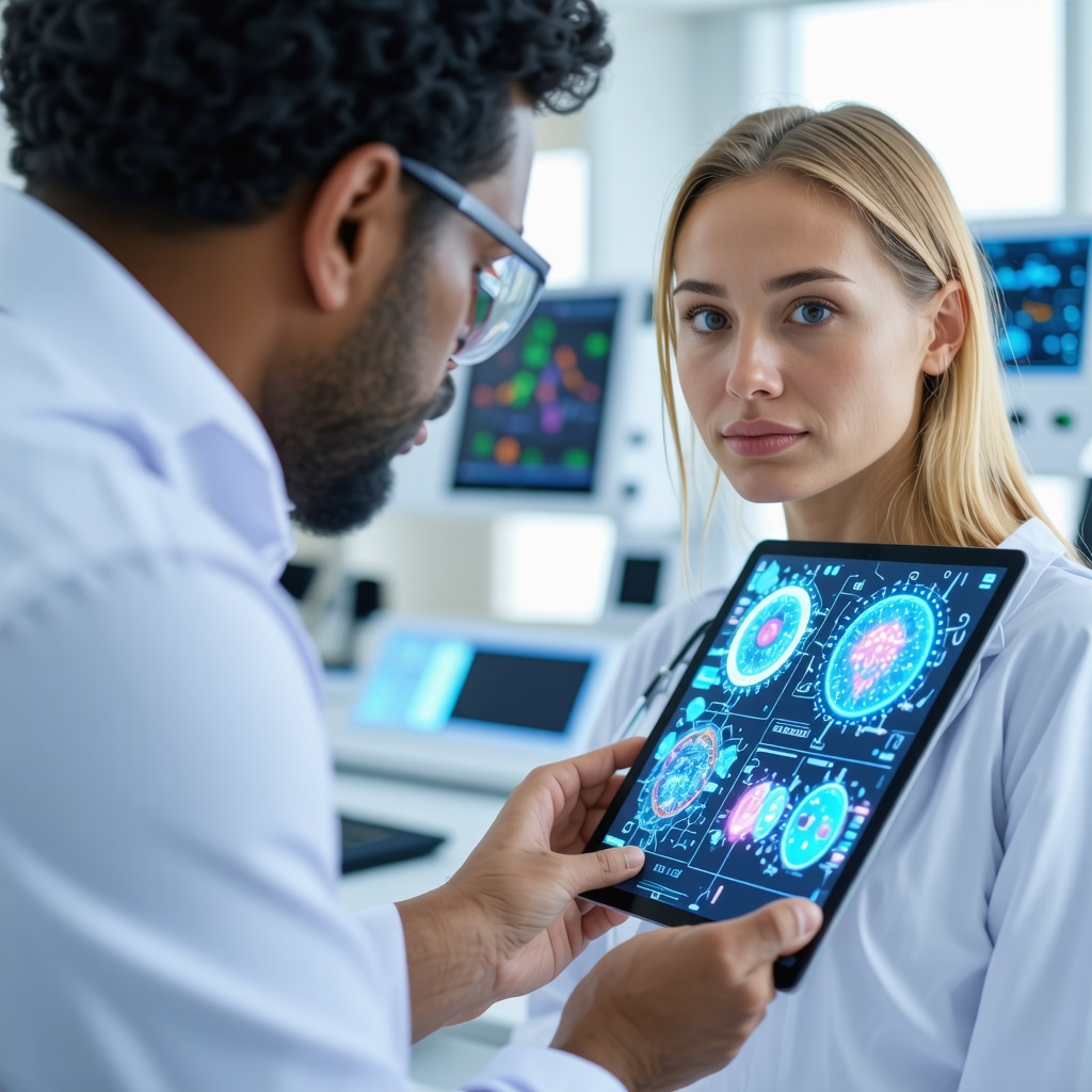 Doctor examining AI-driven pharmacogenomic data with patient for optimized Tirzepatide treatment