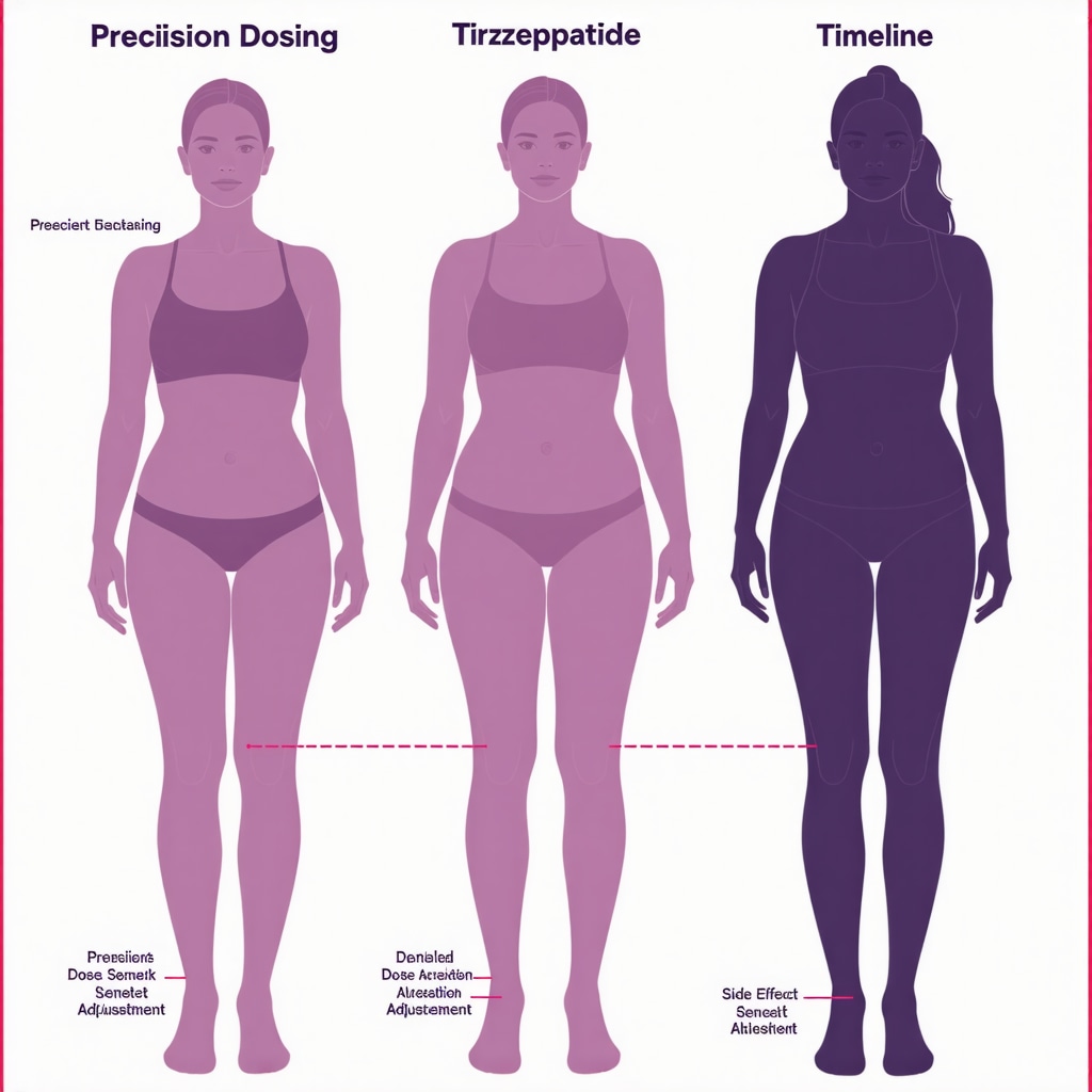 Infographic showing genetic testing, dose adjustments, and side effect management for Tirzepatide therapy