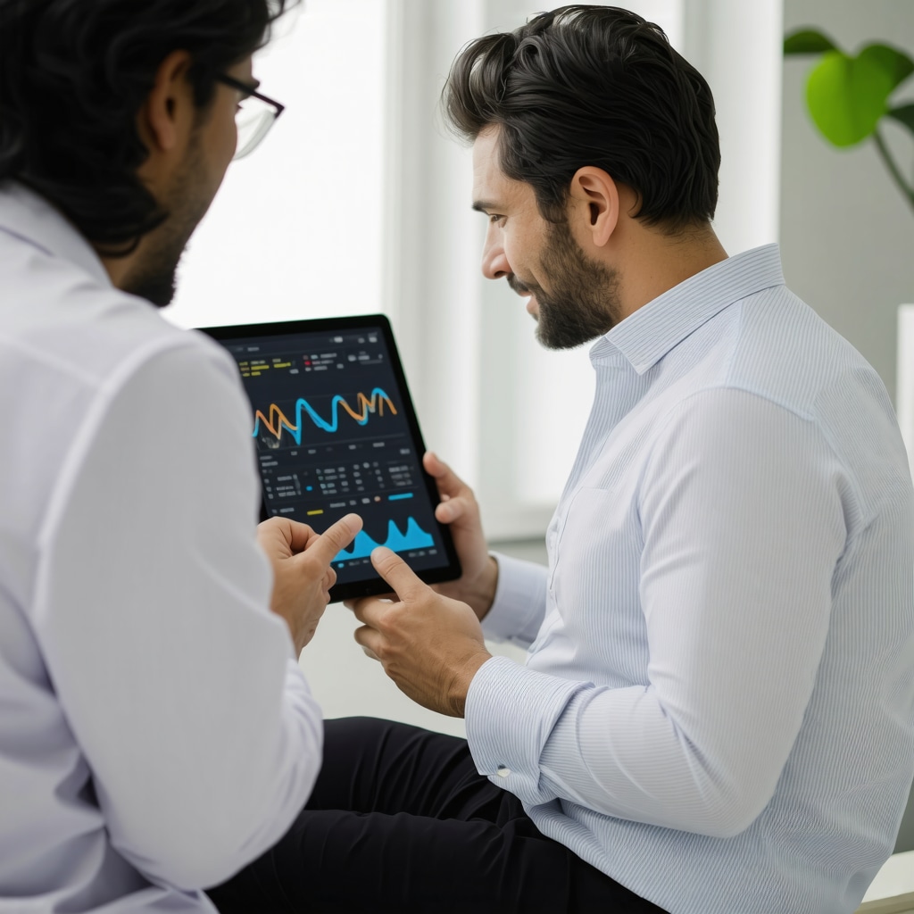 Physician and patient reviewing genetic and metabolic data on digital tablet in a NJ clinic for personalized Tirzepatide treatment