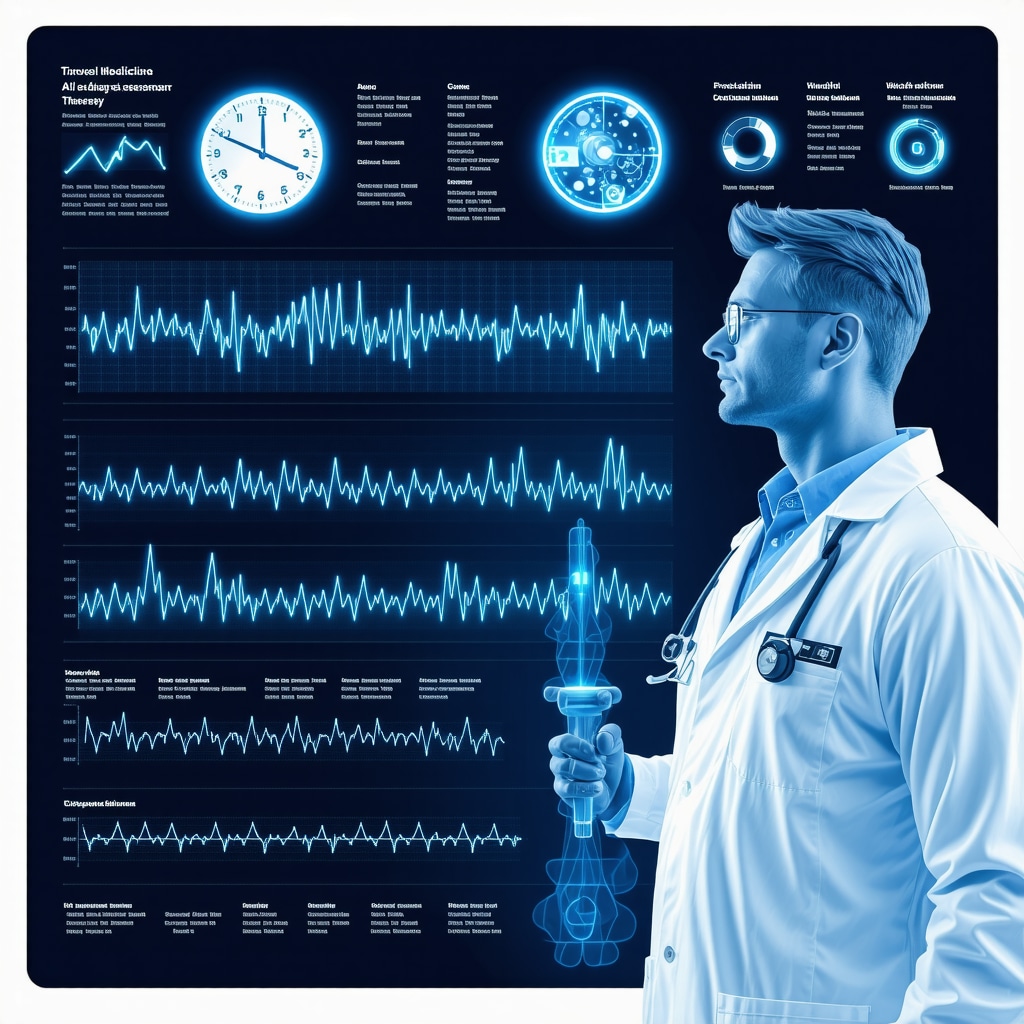 Medical illustration showing genetic profiling, circadian rhythm alignment, AI analytics, and wearable devices in Tirzepatide weight loss treatment