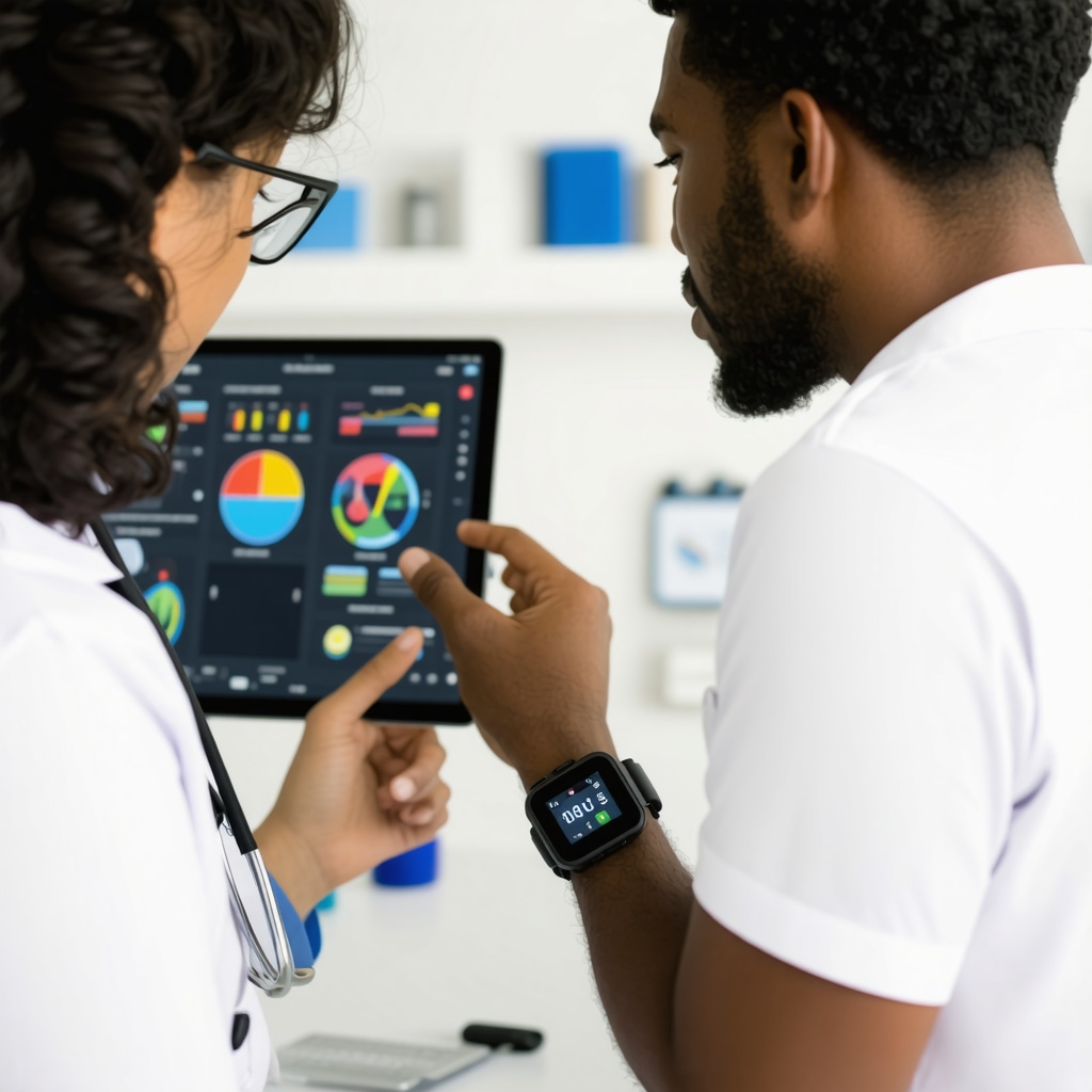 Physician using digital tablet with genomic data and patient wearing wearable health tracker in medical clinic