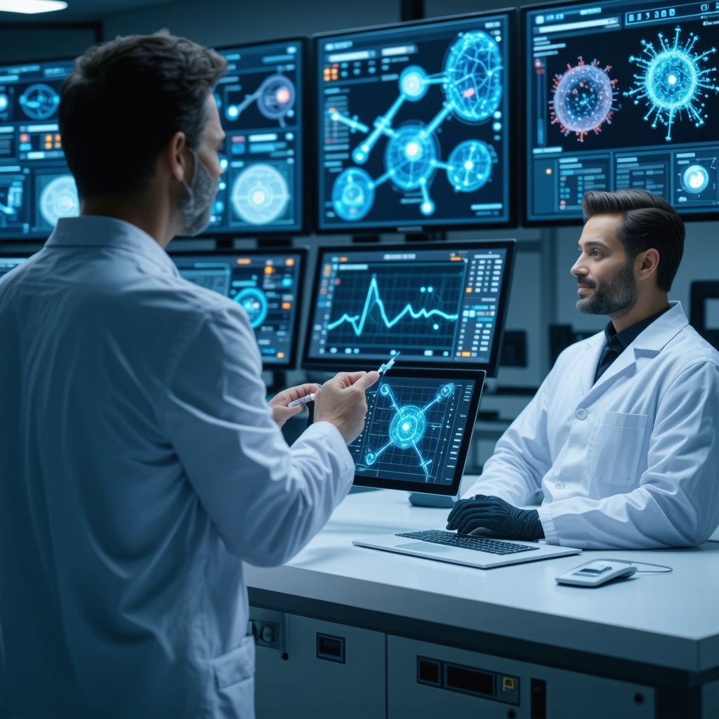 Physician reviewing genetic and AI data with patient receiving tirzepatide injection in advanced clinical setting
