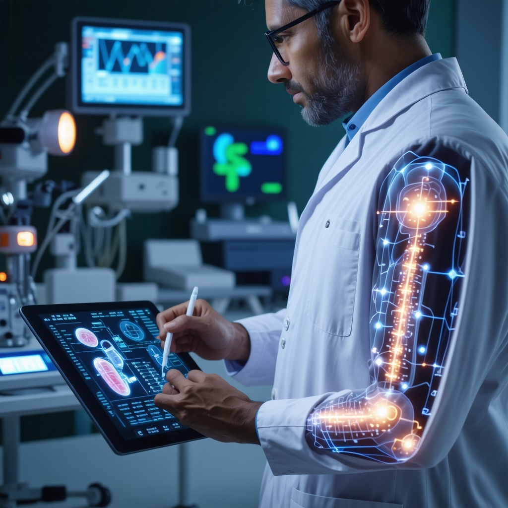 Doctor reviewing pharmacogenomic data and wearable biosensor readings for personalized Tirzepatide treatment