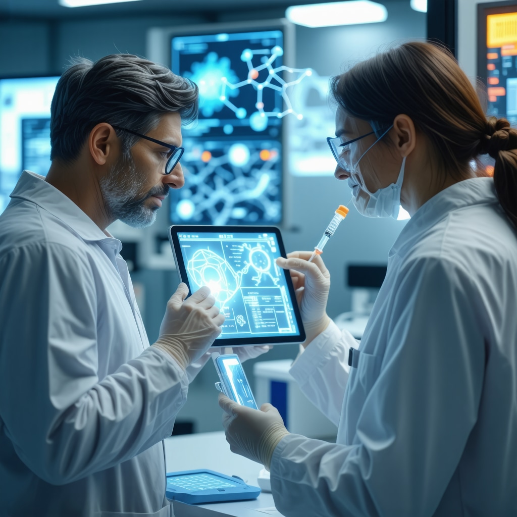 Healthcare provider reviewing genomic data and digital health metrics while administering Tirzepatide injection to patient