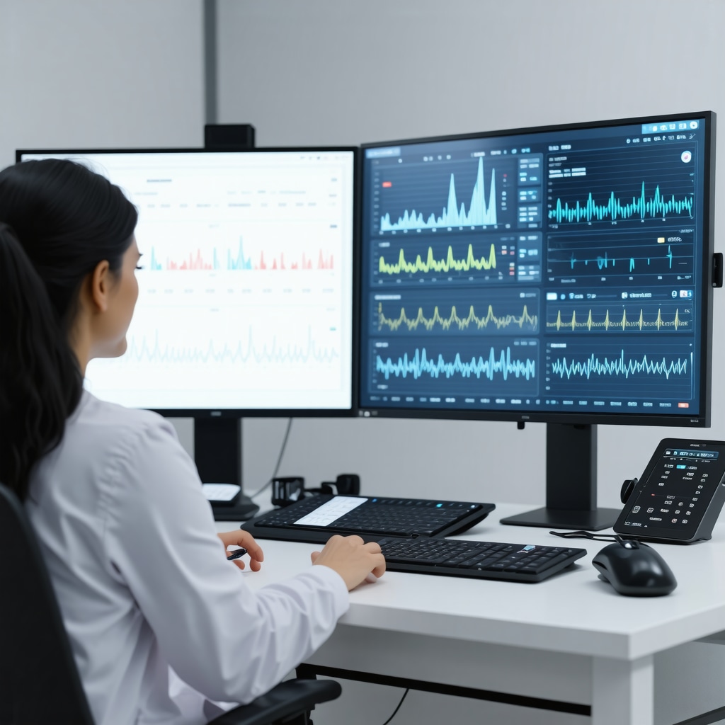 Healthcare professional reviewing continuous glucose monitoring and AI analytics on digital screens in obesity treatment setting