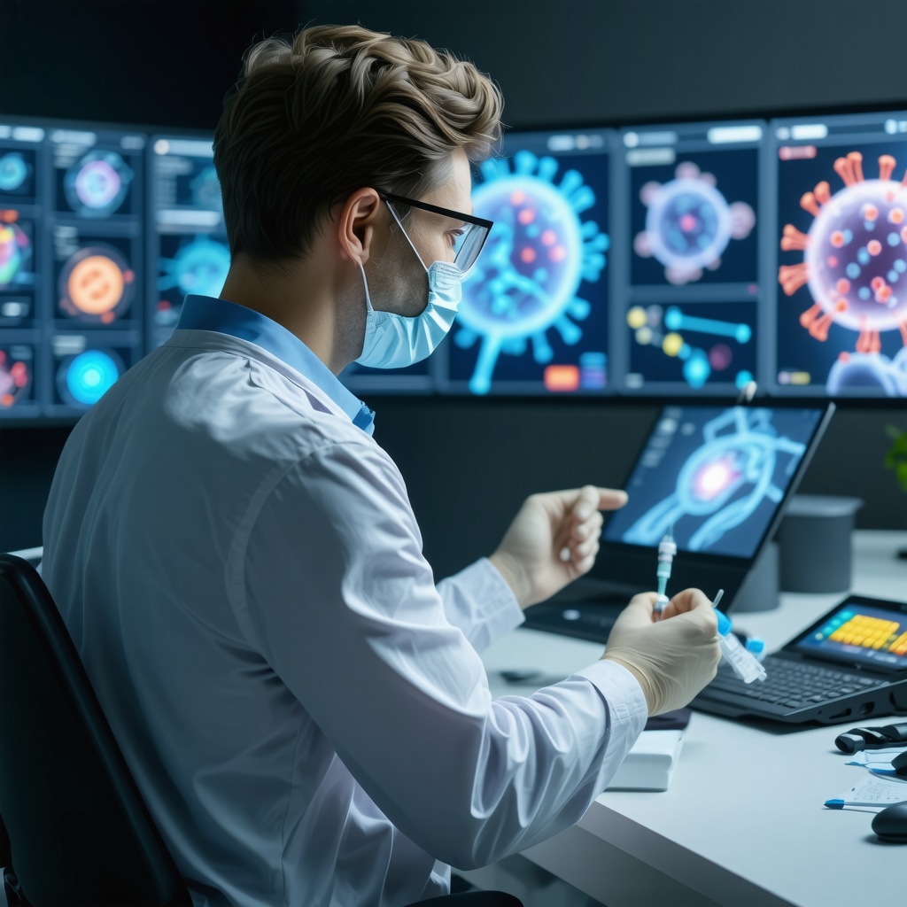 Doctor remotely advising patient on tirzepatide injection with digital health data and microbiome visuals