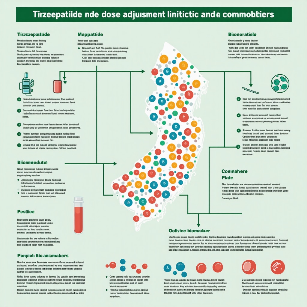 Infographic depicting Tirzepatide dose adjustment guided by biomarkers and patient comorbidities in a clinical setting