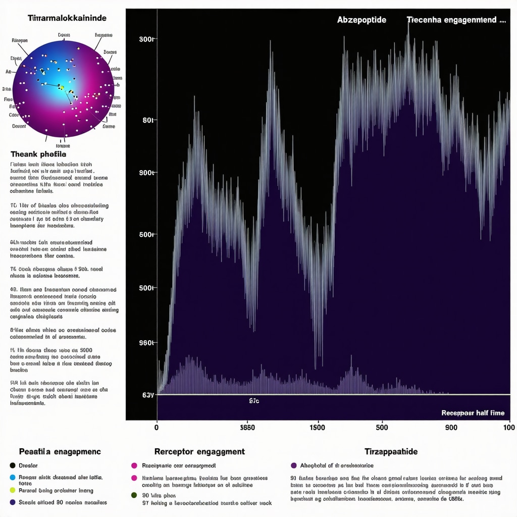 Infographic showing tirzepatide absorption, peak levels, half-life, and receptor activity for patient-specific dosing