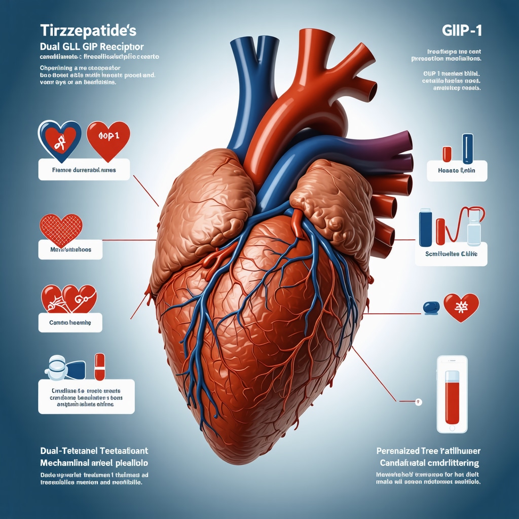 Infographic depicting Tirzepatide’s dual receptor action, personalized dosing, and digital health integration at a New Jersey obesity clinic