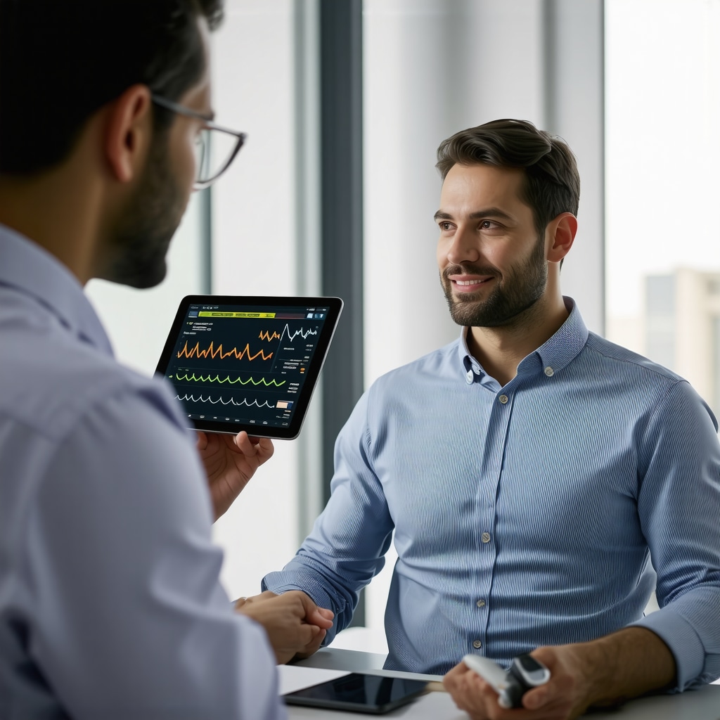 Patient with wearable biosensors and physician analyzing metabolic data on tablet for tirzepatide dose optimization