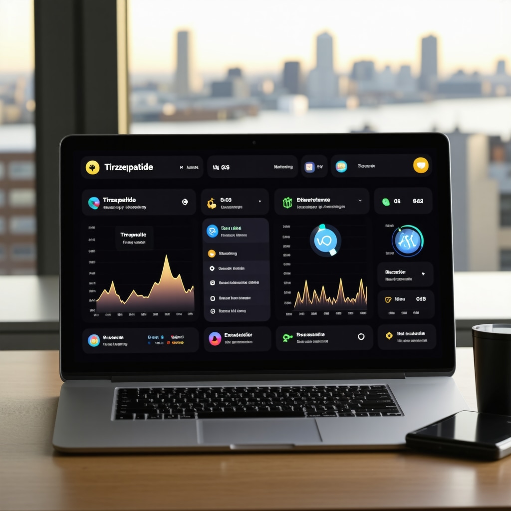 Digital health dashboard showing AI analytics for tirzepatide adherence and biomarker tracking in obesity management