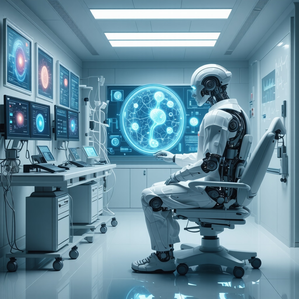 Futuristic clinical interface showing AI analyzing gut microbiome data for personalized Tirzepatide dosing