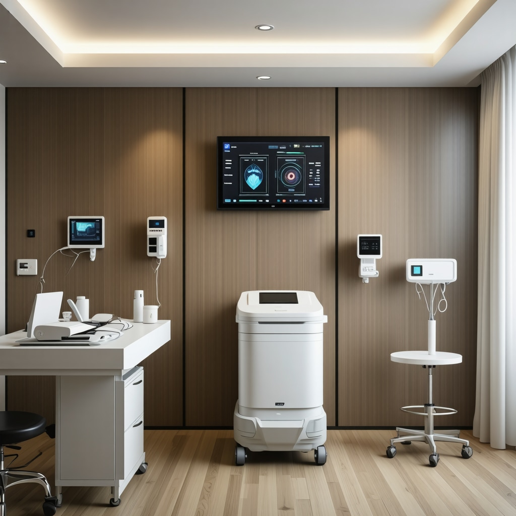 Modern medical clinic with digital health monitors and telemedicine setup for personalized Tirzepatide treatment.
