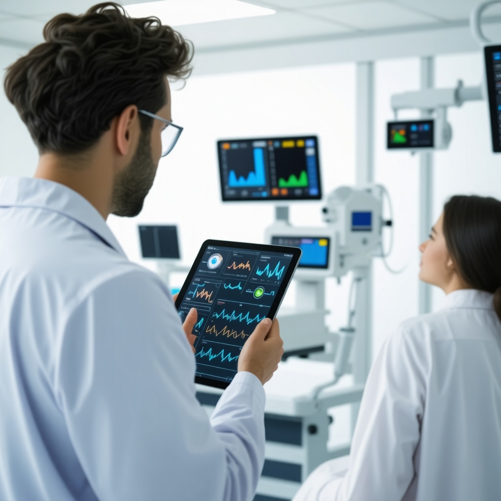 Physician analyzing digital biometric data and pharmacogenomic profiles for personalized Mounjaro treatment in clinical setting
