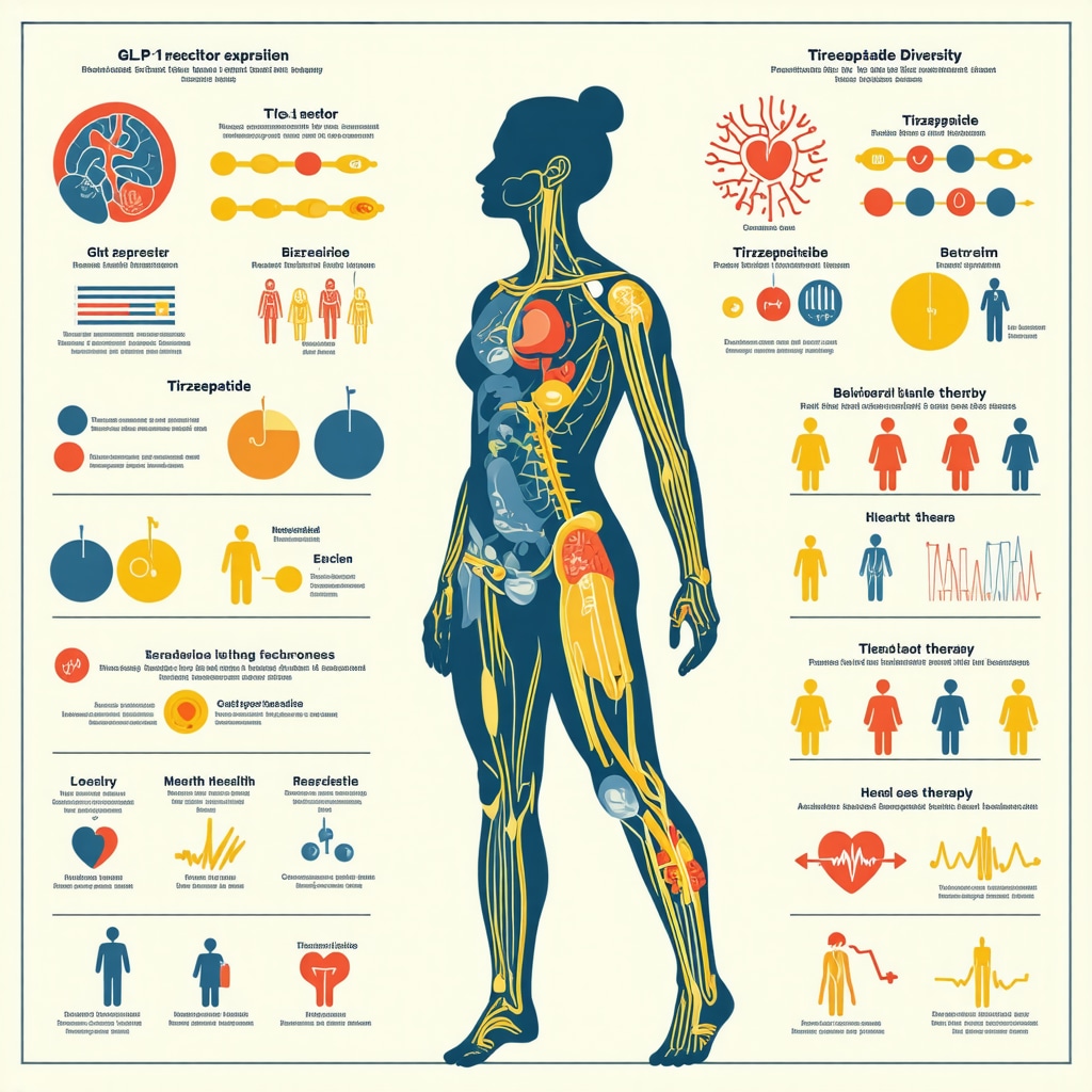 Infographic showing biomarkers, behavioral therapy, and cardiac monitoring icons for Tirzepatide treatment personalization in New Jersey