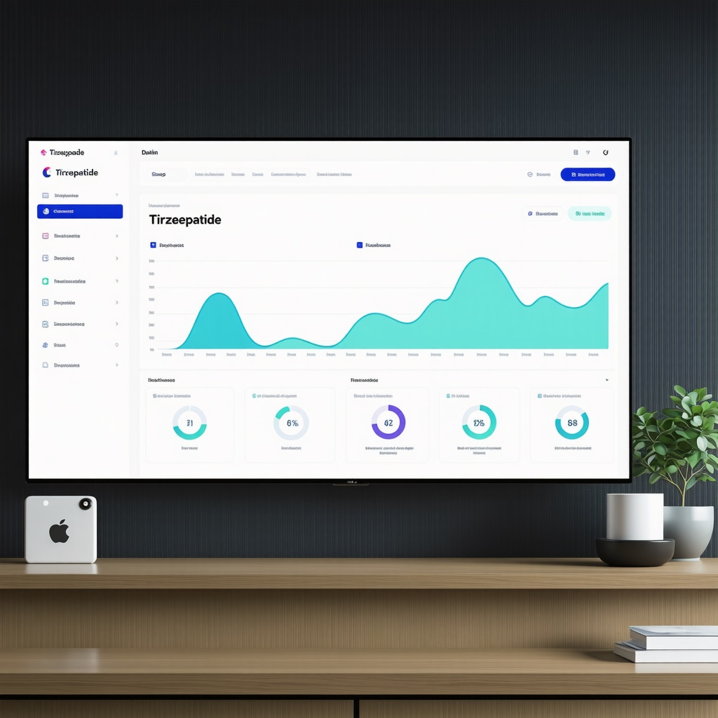 Advanced digital dashboard showing Tirzepatide treatment data and patient biomarker trends in a clinical setting