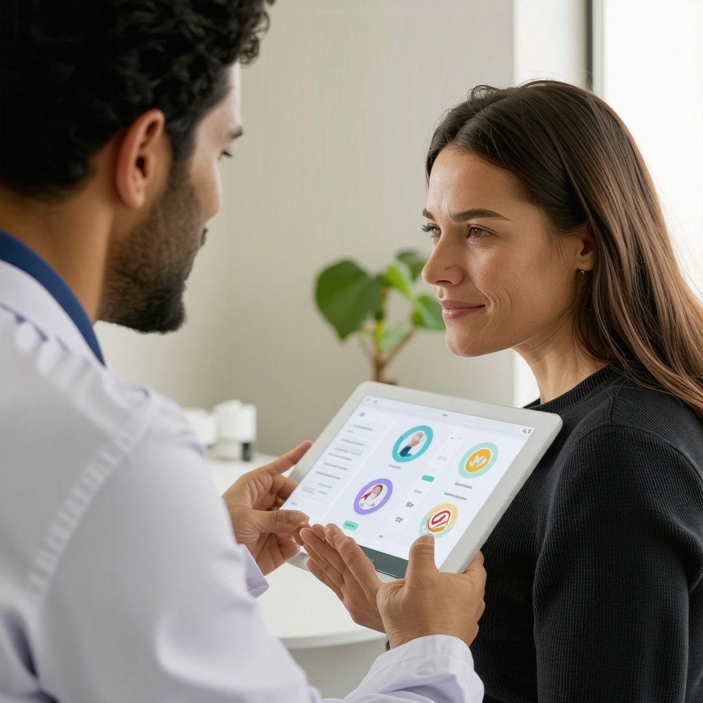 Medical professional showing digital health app to patient for tirzepatide treatment in New Jersey clinic