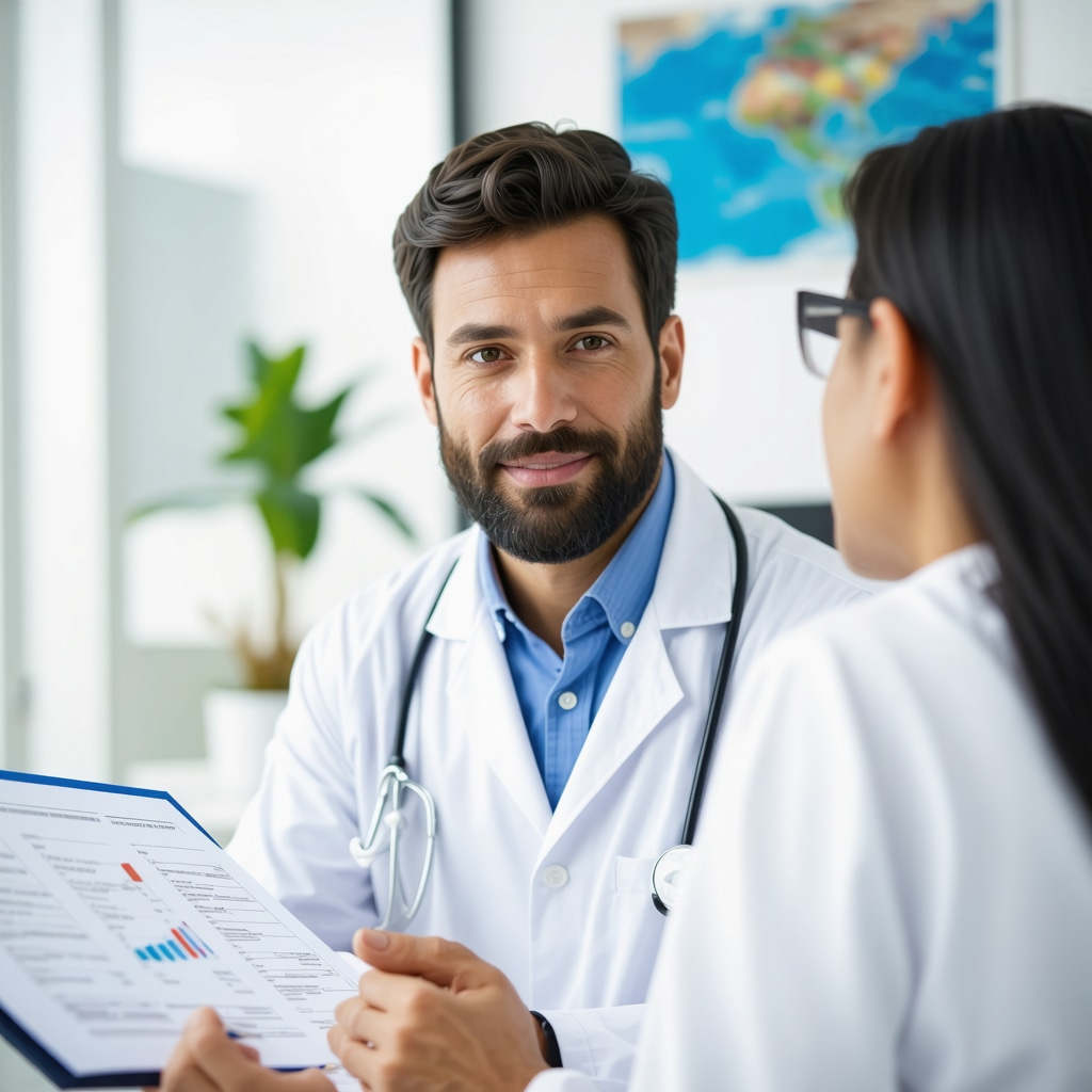 Doctor discussing Tirzepatide treatment options with a patient in a modern clinic.
