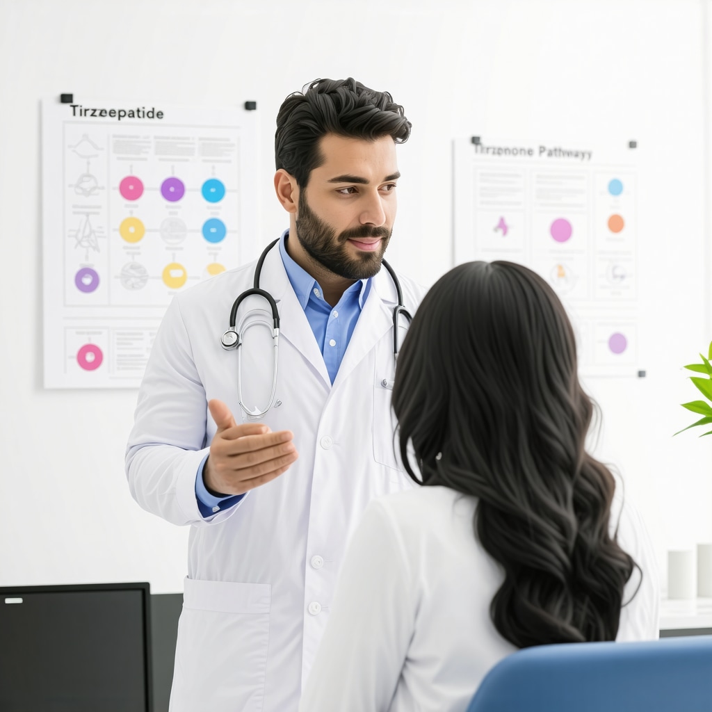 Doctor discussing Tirzepatide treatment and weight loss progress with patient in NJ clinic